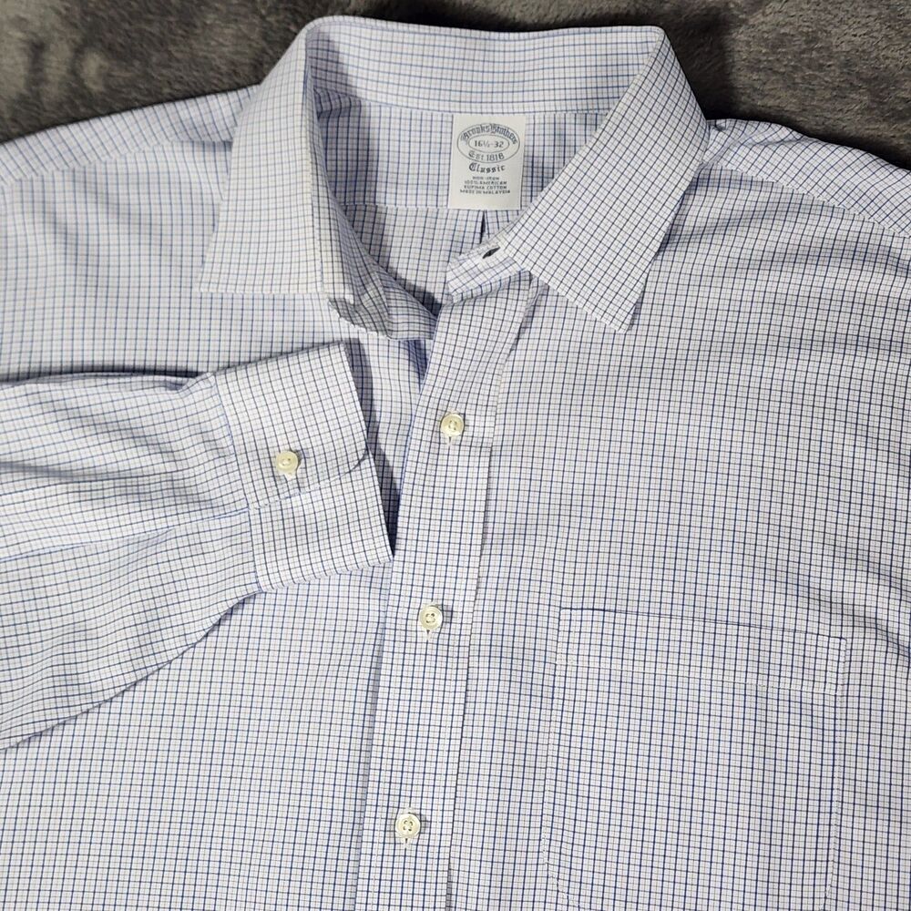 Brooks Brothers 16.5 32 White Blue Tattersall Non Iron Supima Cotton Dress Shirt